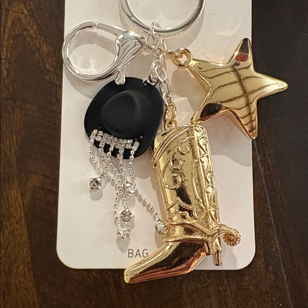 Western Charm Keychain Gold Cowboy Boot Star Bag Charm Rodeo Chic Accessory - Picture 2 of 3